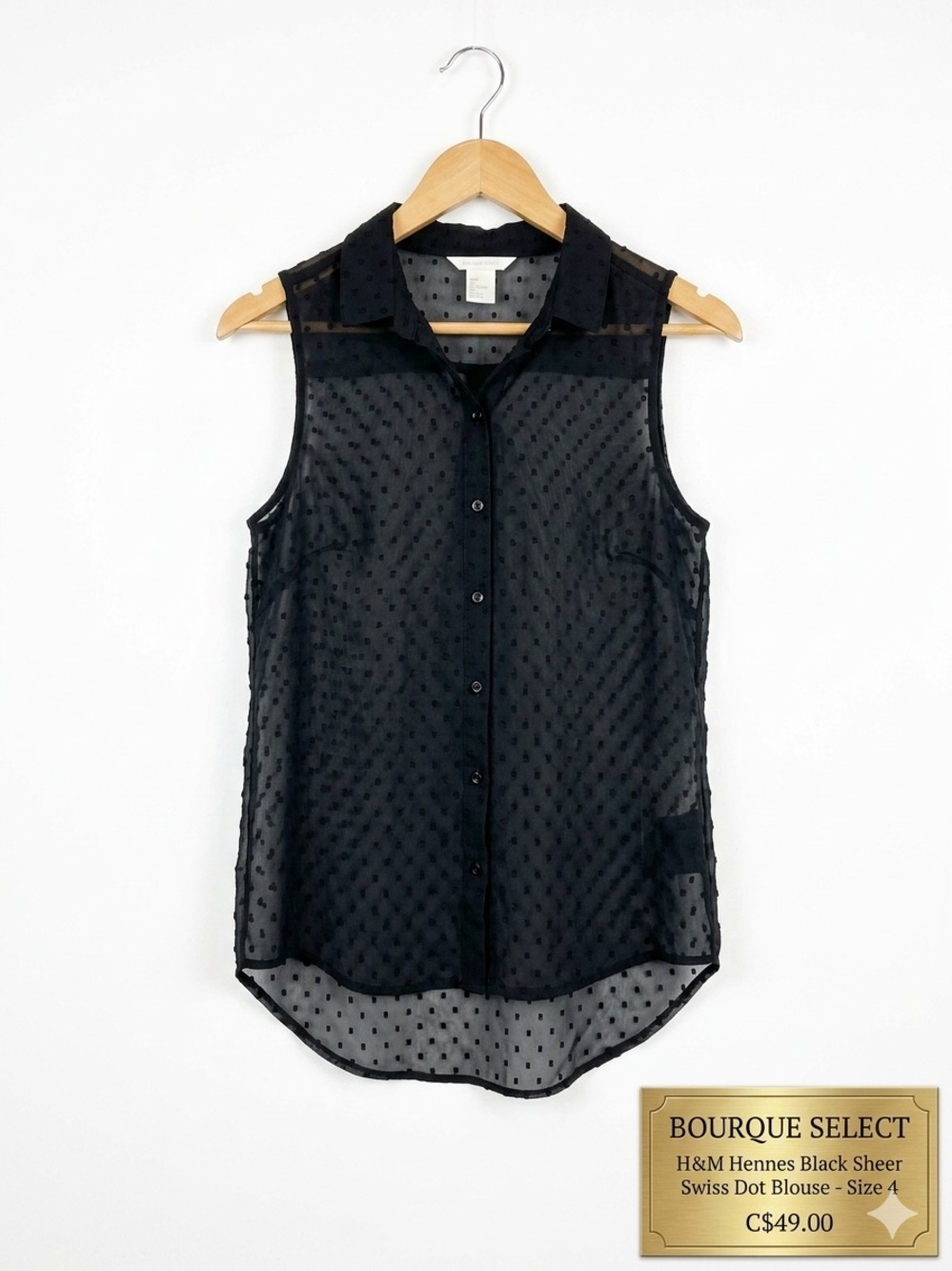 H&M Hennes Black Sheer Swiss Dot Blouse - Size 4 (XS/S) - Pristine